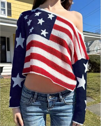 Women Amrican Flag Sweater Top Bat Sleeve Off Shoulder Loose Knitted Shirt Vintage 4th of July Patriotic Knitwear in Kuwait