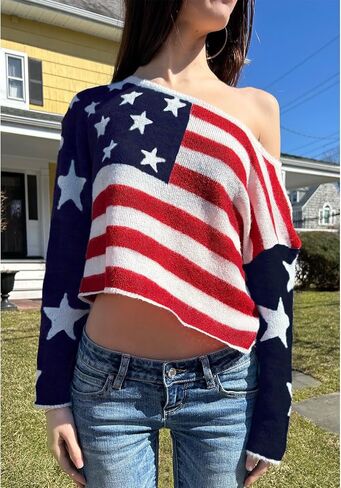 Women Amrican Flag Sweater Top Bat Sleeve Off Shoulder Loose Knitted Shirt Vintage 4th of July Patriotic Knitwear in Kuwait