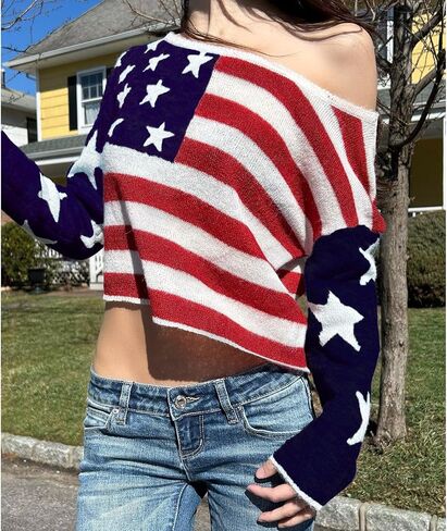 Women Amrican Flag Sweater Top Bat Sleeve Off Shoulder Loose Knitted Shirt Vintage 4th of July Patriotic Knitwear in Kuwait