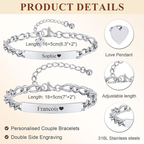 Personalized Matching Bracelet for Couple - Free Engraving Custom Couples Bracelets,Hypoallergenic Adjustable Stainless Steel Long Distance Relationship Jewelry,Promise Bracelet Gifts for Him and Her in Kuwait