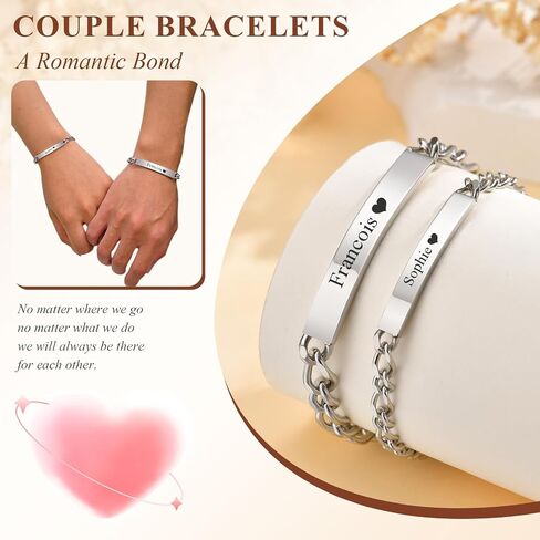 Personalized Matching Bracelet for Couple - Free Engraving Custom Couples Bracelets,Hypoallergenic Adjustable Stainless Steel Long Distance Relationship Jewelry,Promise Bracelet Gifts for Him and Her in Kuwait