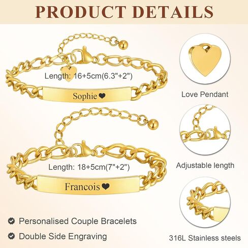 Personalized Matching Bracelet for Couple - Free Engraving Custom Couples Bracelets,Hypoallergenic Adjustable Stainless Steel Long Distance Relationship Jewelry,Promise Bracelet Gifts for Him and Her in Kuwait