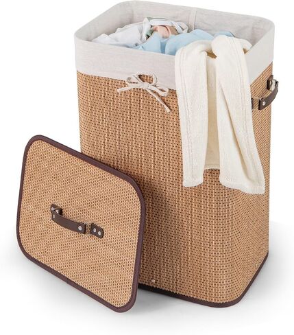 Byroce Bamboo Laundry Basket, Collapsible Laundry Hamper with Lid, Removable Liner & Handles, Dirty Clothes Toys Storage Bin for Laundry Room, Bedroom, Bathroom (Brown) in Saudi Arabia