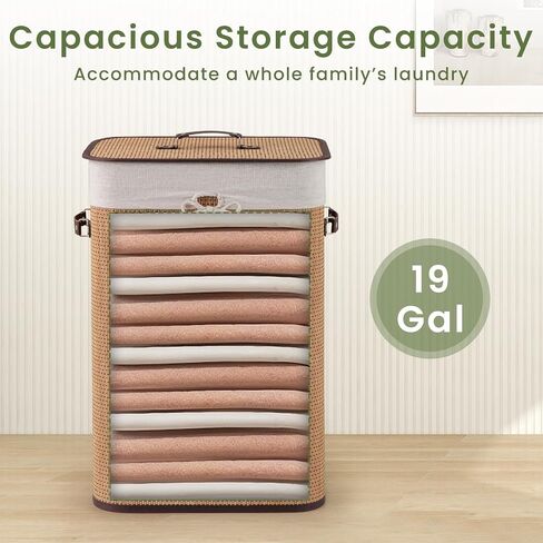 Byroce Bamboo Laundry Basket, Collapsible Laundry Hamper with Lid, Removable Liner & Handles, Dirty Clothes Toys Storage Bin for Laundry Room, Bedroom, Bathroom (Brown) in Saudi Arabia
