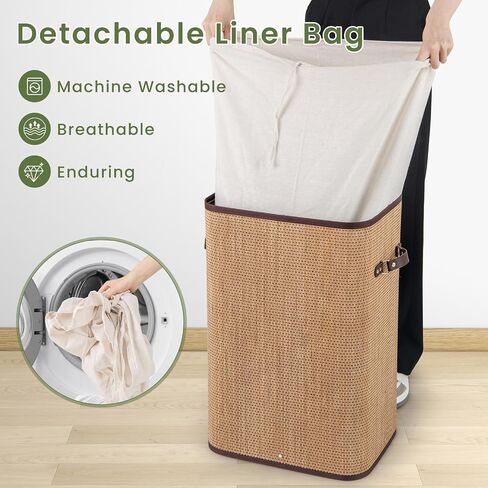 Byroce Bamboo Laundry Basket, Collapsible Laundry Hamper with Lid, Removable Liner & Handles, Dirty Clothes Toys Storage Bin for Laundry Room, Bedroom, Bathroom (Brown) in Saudi Arabia