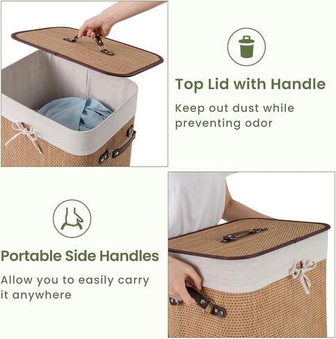 Byroce Bamboo Laundry Basket, Collapsible Laundry Hamper with Lid, Removable Liner & Handles, Dirty Clothes Toys Storage Bin for Laundry Room, Bedroom, Bathroom (Brown) in Saudi Arabia