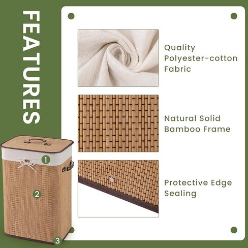 Byroce Bamboo Laundry Basket, Collapsible Laundry Hamper with Lid, Removable Liner & Handles, Dirty Clothes Toys Storage Bin for Laundry Room, Bedroom, Bathroom (Brown) in Saudi Arabia
