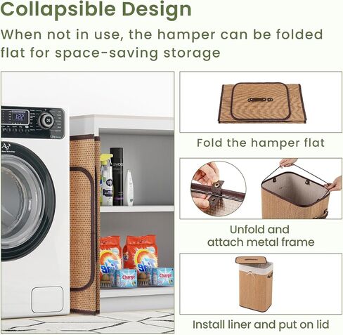 Byroce Bamboo Laundry Basket, Collapsible Laundry Hamper with Lid, Removable Liner & Handles, Dirty Clothes Toys Storage Bin for Laundry Room, Bedroom, Bathroom (Brown) in Saudi Arabia