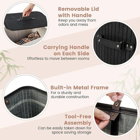 Byroce Bamboo Laundry Basket, Collapsible Laundry Hamper with Lid, Removable Liner & Handles, Dirty Clothes Toys Storage Bin for Laundry Room, Bedroom, Bathroom (Brown) in Saudi Arabia