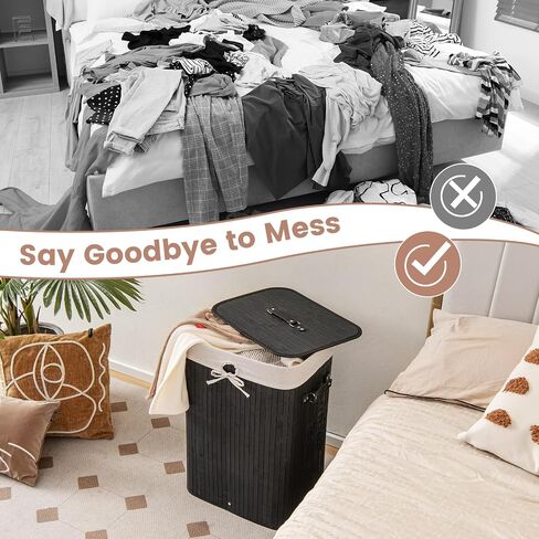 Byroce Bamboo Laundry Basket, Collapsible Laundry Hamper with Lid, Removable Liner & Handles, Dirty Clothes Toys Storage Bin for Laundry Room, Bedroom, Bathroom (Brown) in Saudi Arabia