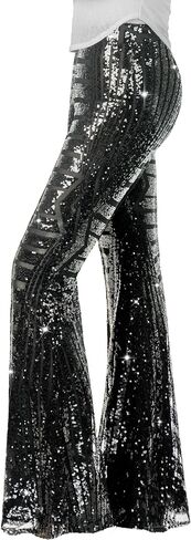 Nawgut Sequin Flare Pants Sparkly Glitter High Waisted Bell Bottom Trousers Disco Party Clubwear for Women in Saudi Arabia