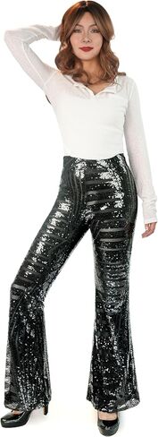 Nawgut Sequin Flare Pants Sparkly Glitter High Waisted Bell Bottom Trousers Disco Party Clubwear for Women in Saudi Arabia