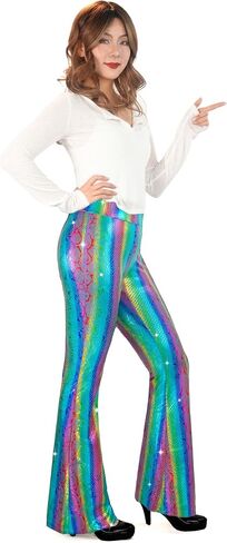 Nawgut Sequin Flare Pants Sparkly Glitter High Waisted Bell Bottoms Leggings Party Disco Clubwear for Women in Kuwait
