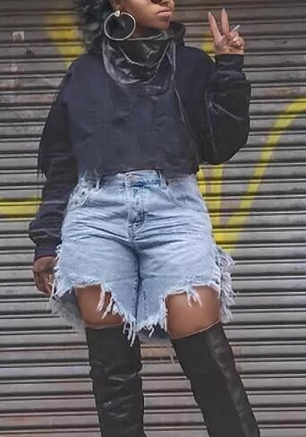 Tbahhir Women Ripped Denim Shorts Long Frayed High Waisted Side Slit Jean Short Distressed Club Streetwear Casual in Saudi Arabia