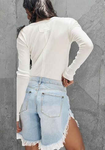 Tbahhir Women Ripped Denim Shorts Long Frayed High Waisted Side Slit Jean Short Distressed Club Streetwear Casual in Saudi Arabia