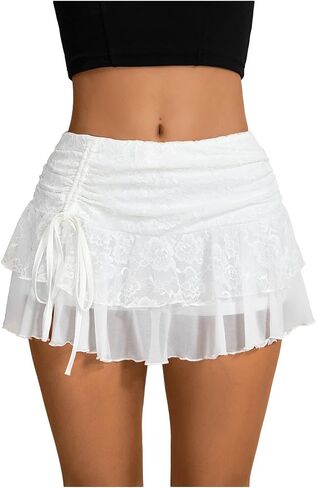Women’s Y2K Lace Skirt Layered Ruffle Shorts Pleated Mesh Skirt Elastic Waist Mini Skort in Saudi Arabia