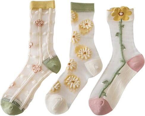 الجوارب الصيفية للسيدات شبكة شبكية لطيفة فستان الأزهار جورب نايلون شفافة انظر من خلال جوارب 3 أزواج in Kuwait