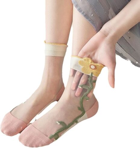 الجوارب الصيفية للسيدات شبكة شبكية لطيفة فستان الأزهار جورب نايلون شفافة انظر من خلال جوارب 3 أزواج in Kuwait