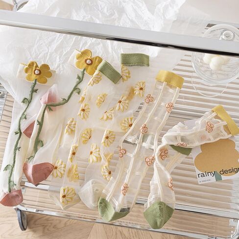 الجوارب الصيفية للسيدات شبكة شبكية لطيفة فستان الأزهار جورب نايلون شفافة انظر من خلال جوارب 3 أزواج in Kuwait