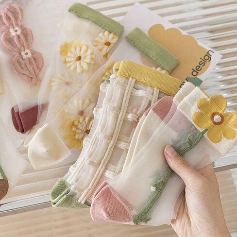 الجوارب الصيفية للسيدات شبكة شبكية لطيفة فستان الأزهار جورب نايلون شفافة انظر من خلال جوارب 3 أزواج in Kuwait