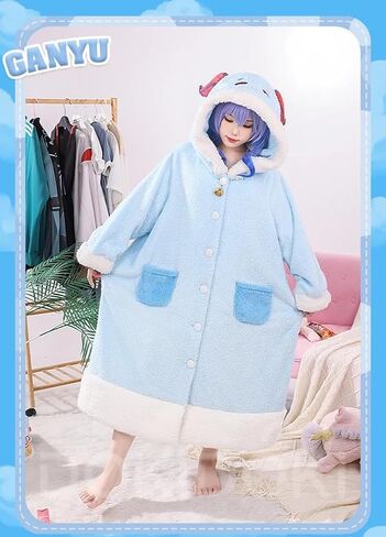 KIRA KIRA Game Genshin Impact Ganyu Cosplay Pajams Ganyu Fleece Blanket Hooded Winter Pajamas (US, Alpha, Small, Regular, Long, Light blue) in Saudi Arabia