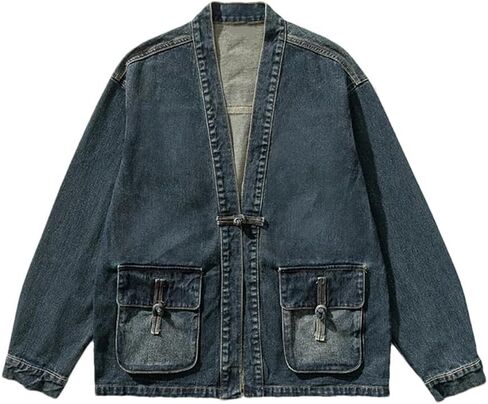 Men's Deep V-Neck Chinese Style Button Design Denim Jacket Solid Color Casual Loose Oversized Chinese Style Denim Jacket in Saudi Arabia