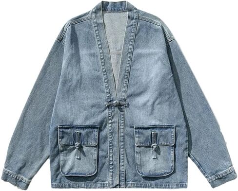 Men's Deep V-Neck Chinese Style Button Design Denim Jacket Solid Color Casual Loose Oversized Chinese Style Denim Jacket in Saudi Arabia