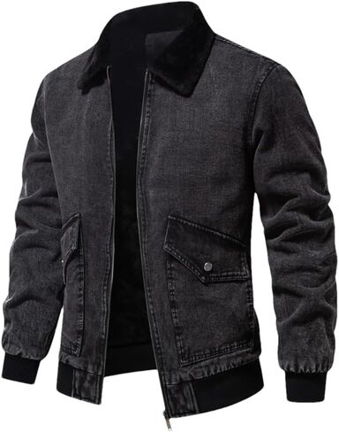 Men's Collar Lambhair Patchwork Denim Jacket Solid Color Casual Loose Thick Warm Denim Jacket in Saudi Arabia