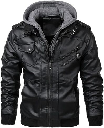 Men's Hooded PU Imitation Leather Motorcycle Jacket Solid Color Casual Slim Fit Jacket in Saudi Arabia