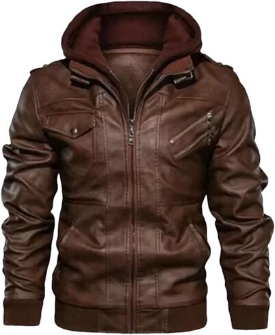 Men's Hooded PU Imitation Leather Motorcycle Jacket Solid Color Casual Slim Fit Jacket in Saudi Arabia