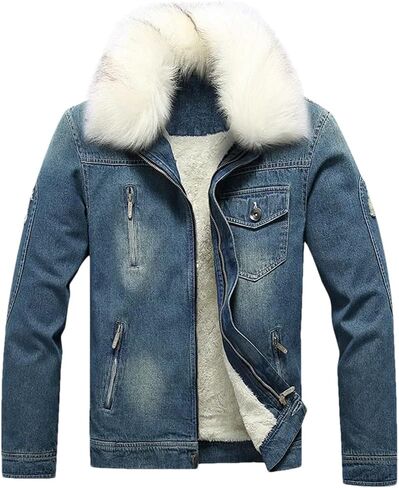 طوق للرجال بالإضافة إلى سميك Lambhair Denim سترة صلبة ألوان ضئيلة ضئيلة السترة in Saudi Arabia