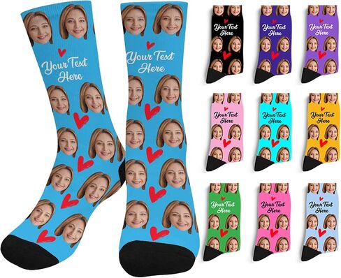 Custom Face Socks with Photo Novelty Crew Socks, Personalized Red Hearts Unisex Crew Sock Gifts for Men Women Made in USA in Saudi Arabia
