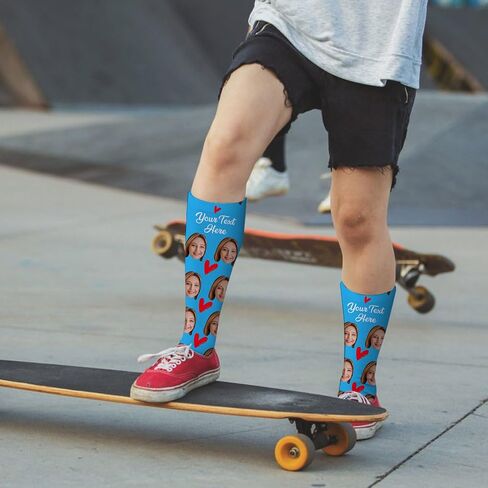 Custom Face Socks with Photo Novelty Crew Socks, Personalized Red Hearts Unisex Crew Sock Gifts for Men Women Made in USA in Saudi Arabia