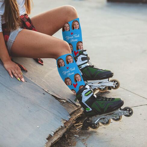Custom Face Socks with Photo Novelty Crew Socks, Personalized Red Hearts Unisex Crew Sock Gifts for Men Women Made in USA in Saudi Arabia
