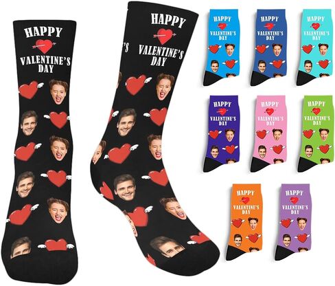 Custom Face Socks with Photo Novelty Crew Socks, Personalized Red Hearts Unisex Crew Sock Gifts for Men Women Made in USA in Saudi Arabia