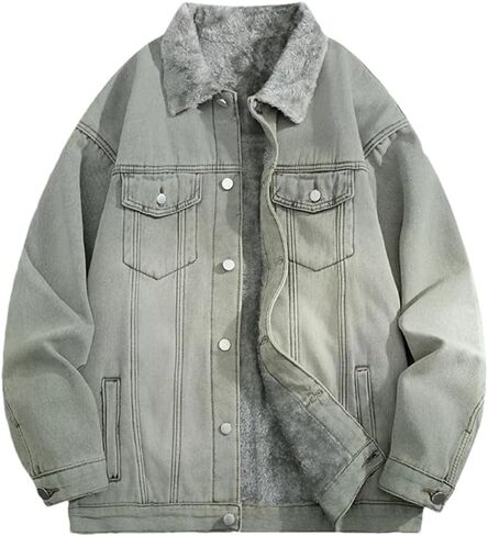 Men's Thick Fleece Warm Denim Jacket Solid Color Casual Loose Oversized Denim Jacket in Saudi Arabia