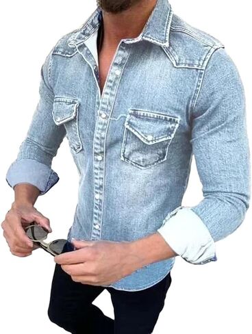 Men's Denim Shirt Men's Long Sleeved Denim Shirt Pocket Slim Fit Elastic Denim Shirt in Saudi Arabia