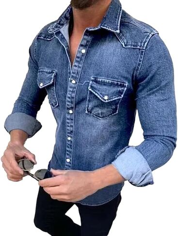 Men's Denim Shirt Men's Long Sleeved Denim Shirt Pocket Slim Fit Elastic Denim Shirt in Saudi Arabia