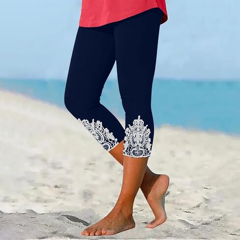 Aniywn White Capri Leggings for Women High Waisted Floral Lace Stitching Leggings Stretch Soft Cropped Capris Pants Plus Size in Kuwait