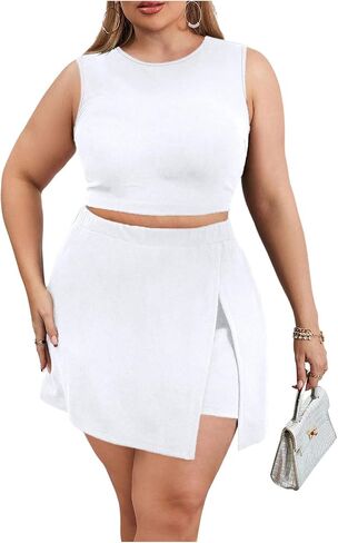 Plus Size Skort Skirt Short Sets Women 2 Piece Outfits Summer Sleeveless Tank Top and Slit Skort Sets in Kuwait