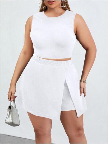 Plus Size Skort Skirt Short Sets Women 2 Piece Outfits Summer Sleeveless Tank Top and Slit Skort Sets in Kuwait