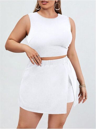 Plus Size Skort Skirt Short Sets Women 2 Piece Outfits Summer Sleeveless Tank Top and Slit Skort Sets in Kuwait