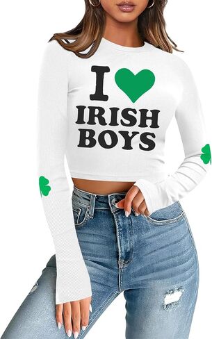 For G and PL Women St. Patrick's Day Crewneck Long Sleeve Shirt Shamrock Slim Fitted Ribbed Crop Top in Saudi Arabia