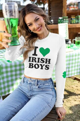 For G and PL Women St. Patrick's Day Crewneck Long Sleeve Shirt Shamrock Slim Fitted Ribbed Crop Top in Saudi Arabia