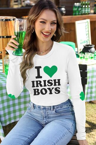 For G and PL Women St. Patrick's Day Crewneck Long Sleeve Shirt Shamrock Slim Fitted Ribbed Crop Top in Saudi Arabia
