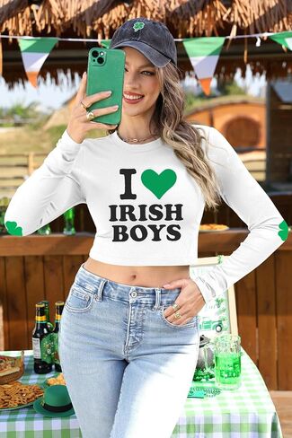 For G and PL Women St. Patrick's Day Crewneck Long Sleeve Shirt Shamrock Slim Fitted Ribbed Crop Top in Saudi Arabia