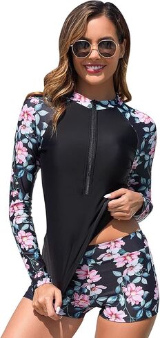 Womens 2 قطعة واقي متاح للربح UPF 50+ قميص سباحة zip وسروال شورت بدلات الاستحمام طويلة الأكمام مع البناء في حمالة الصدر in Kuwait