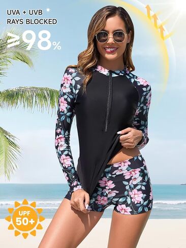 Womens 2 قطعة واقي متاح للربح UPF 50+ قميص سباحة zip وسروال شورت بدلات الاستحمام طويلة الأكمام مع البناء في حمالة الصدر in Kuwait