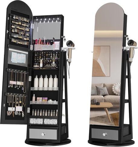 LVSOMT LED LED MIRROR Jewelry Cabinet Standing ، مجوهرات قابلة للقفل مع مرآة كاملة الطول ومصابيح LED قابلة للتعديل ، منظم مجوهرات لتوفير الفضاء مع المرآة (أسود) in Kuwait