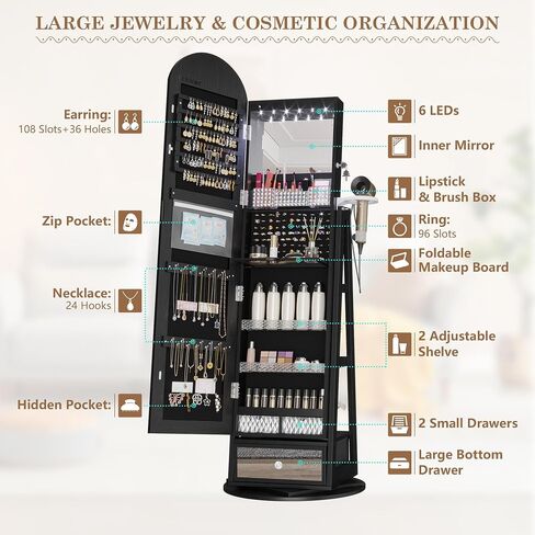 LVSOMT LED LED MIRROR Jewelry Cabinet Standing ، مجوهرات قابلة للقفل مع مرآة كاملة الطول ومصابيح LED قابلة للتعديل ، منظم مجوهرات لتوفير الفضاء مع المرآة (أسود) in Kuwait